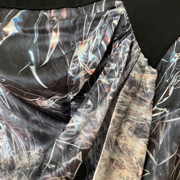 Helmut Lang SILK Cellophane Print Faux Tulip Hem Wrap Skirt Black Silver & Blue - Picture 10 of 12
